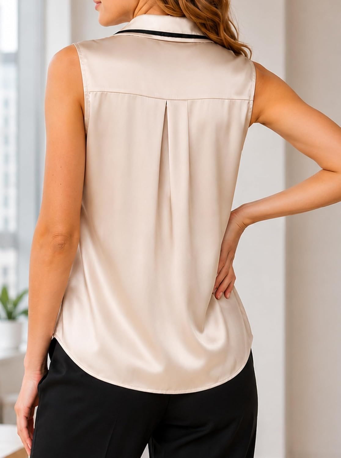 image:imageAvanova Women Contrast Trim Satin Silky Sleeveless Blouse Button Down Collar Shirt Business Casual Tank TopsAprico