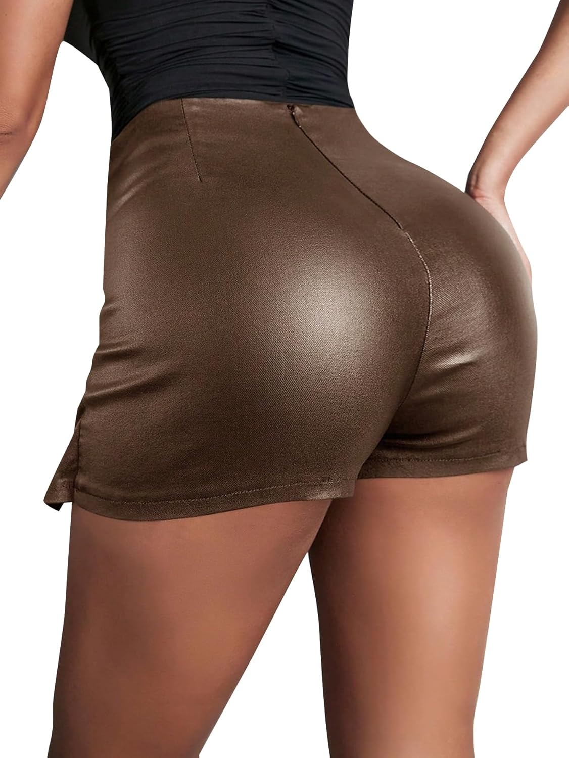 image:imageAvanova Women Faux Leather Slit Split Mini Skort High Rise Bodycon Short SkirtBrown