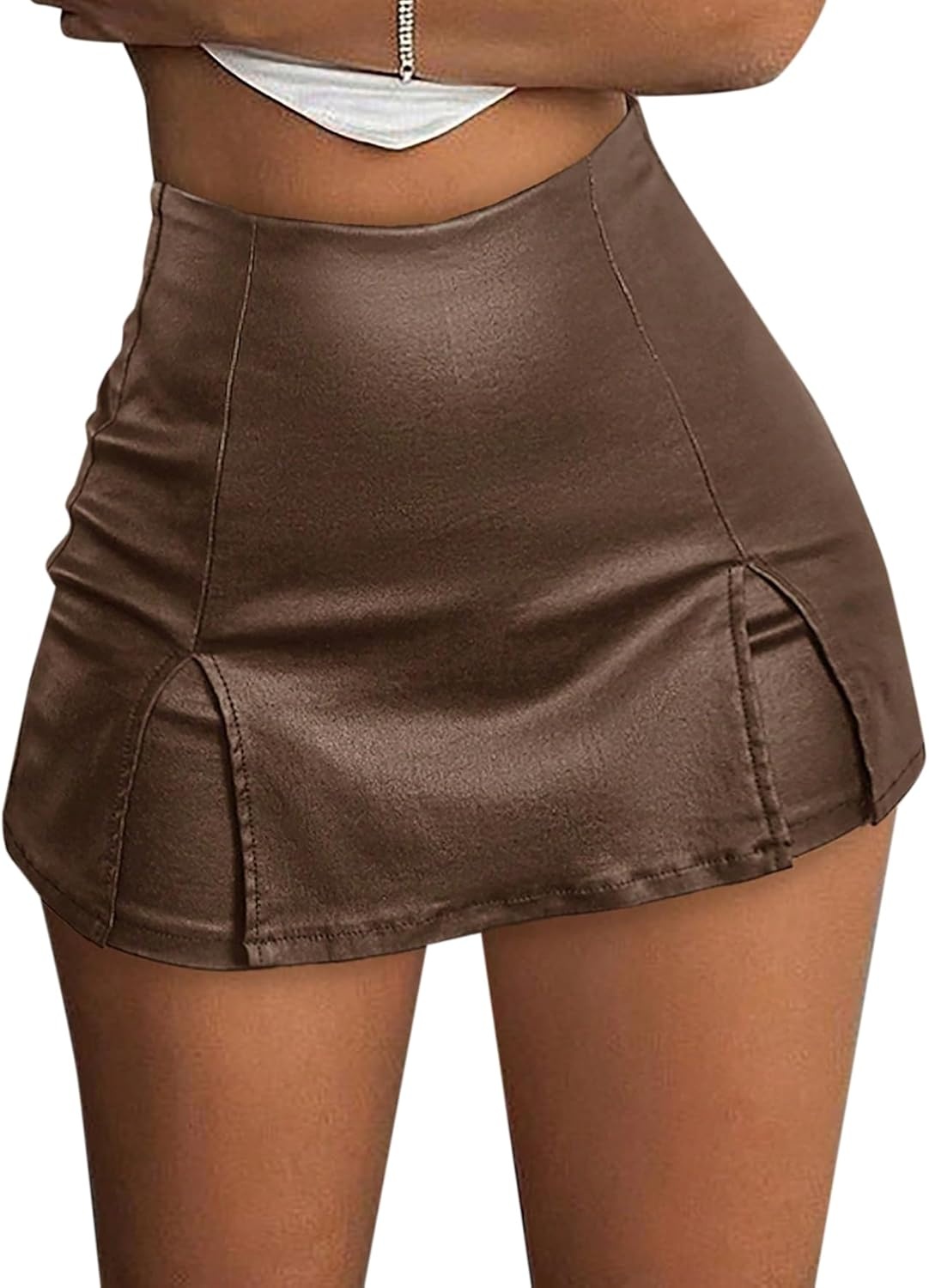 image:imageAvanova Women Faux Leather Slit Split Mini Skort High Rise Bodycon Short SkirtBrown