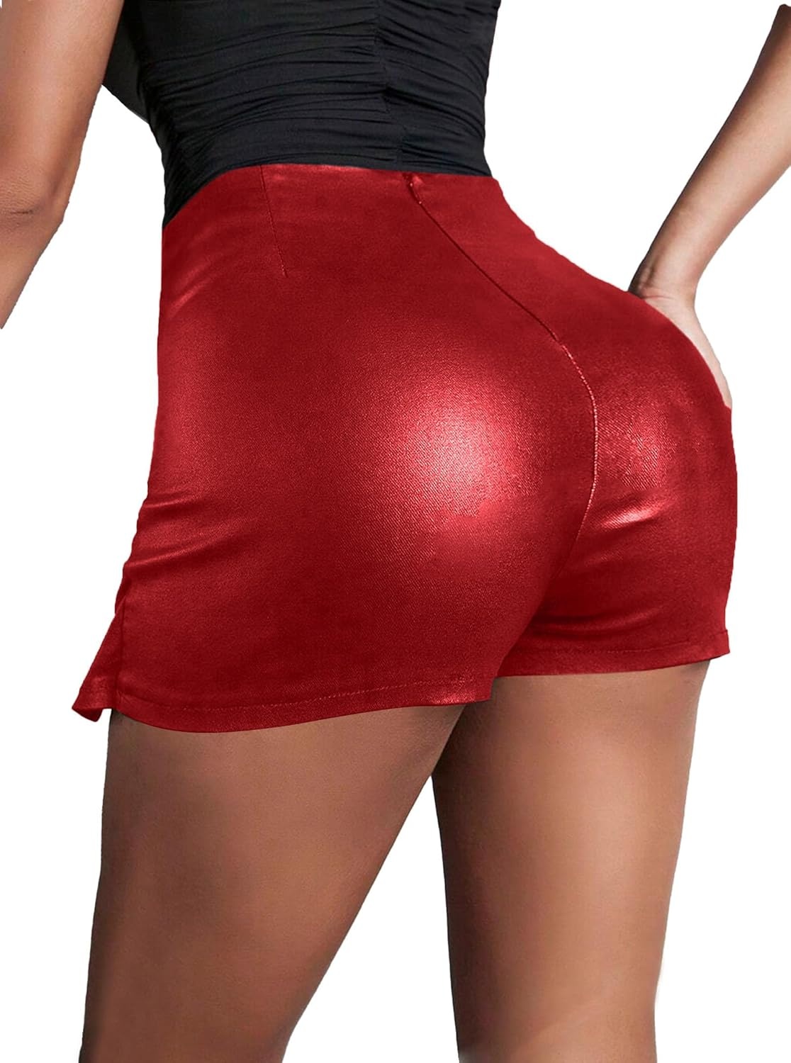image:imageAvanova Women Faux Leather Slit Split Mini Skort High Rise Bodycon Short SkirtRed J