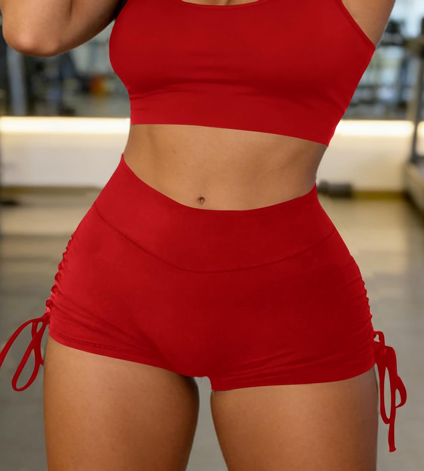 image:imageAvanova Women Scrunch Butt Lifting Shorts Booty Gym Workout Shorts with Cargo Pockets Ruched Side DrawstringRed