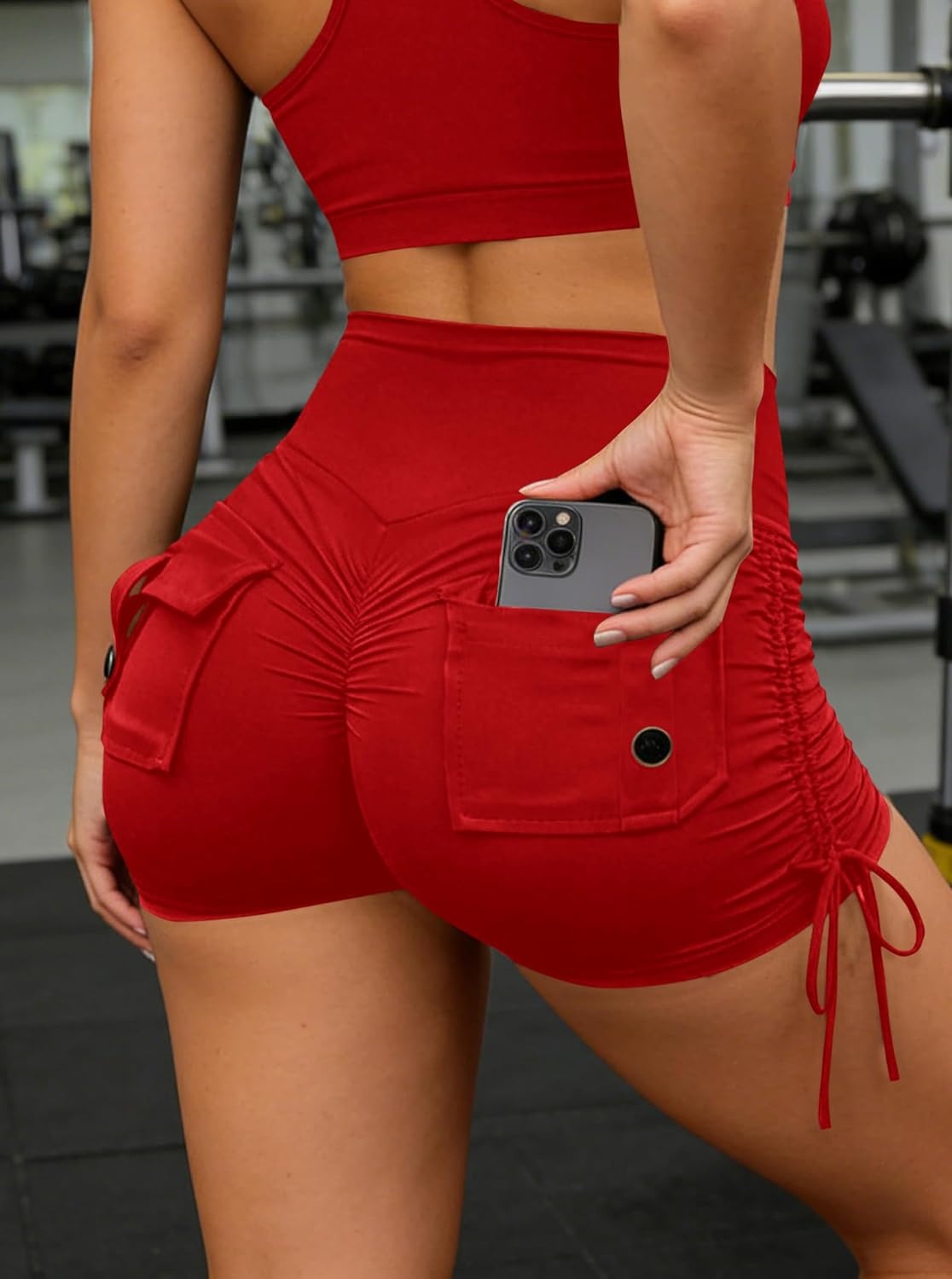 image:imageAvanova Women Scrunch Butt Lifting Shorts Booty Gym Workout Shorts with Cargo Pockets Ruched Side DrawstringRed