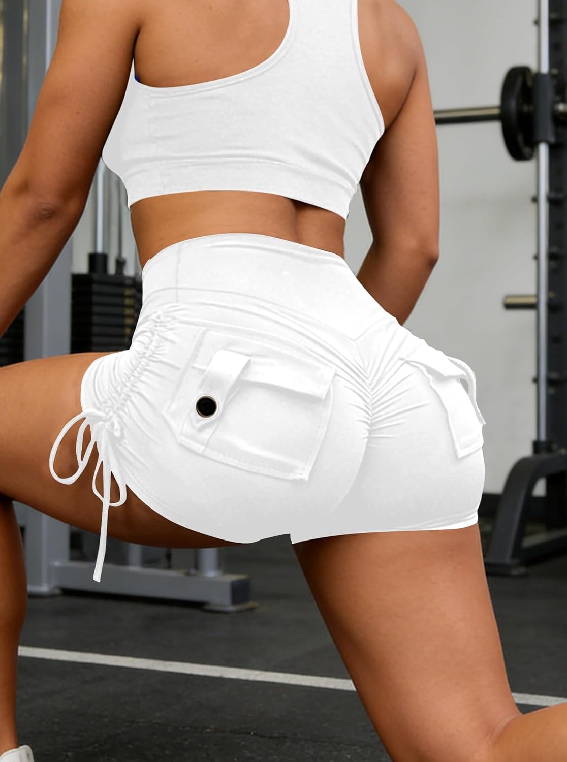 image:imageAvanova Women Scrunch Butt Lifting Shorts Booty Gym Workout Shorts with Cargo Pockets Ruched Side DrawstringWhite