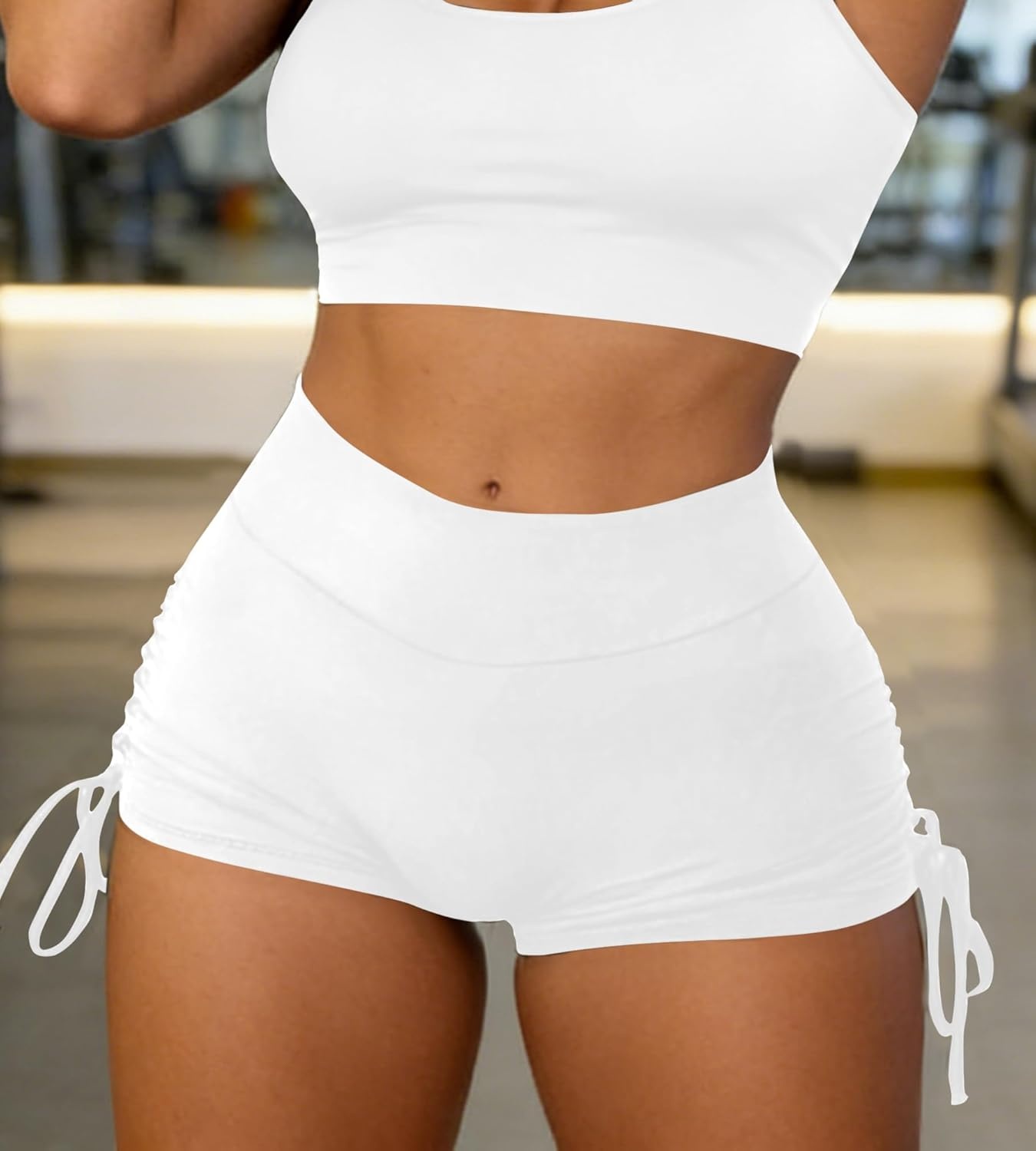 image:imageAvanova Women Scrunch Butt Lifting Shorts Booty Gym Workout Shorts with Cargo Pockets Ruched Side DrawstringWhite
