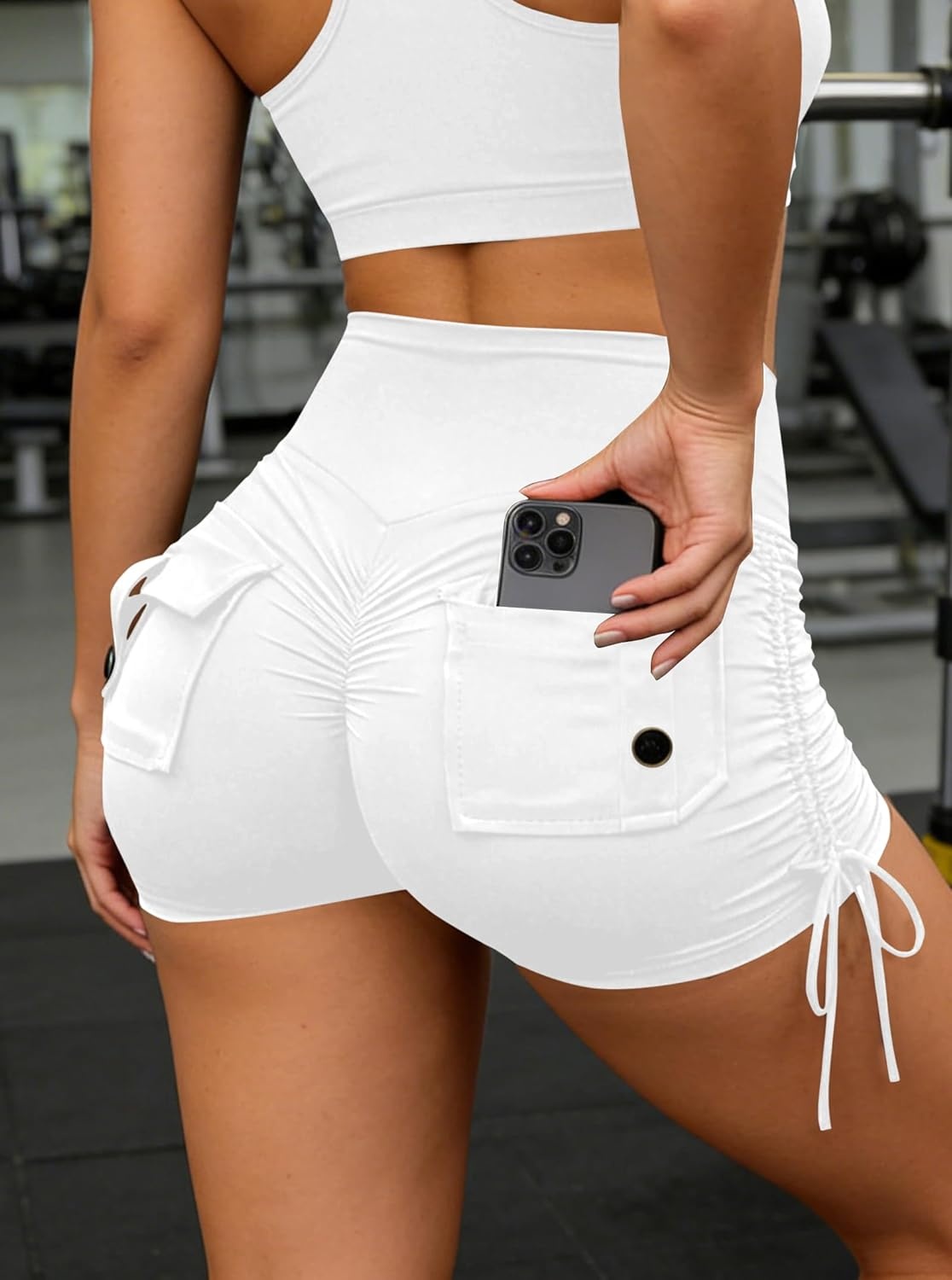 image:imageAvanova Women Scrunch Butt Lifting Shorts Booty Gym Workout Shorts with Cargo Pockets Ruched Side DrawstringWhite