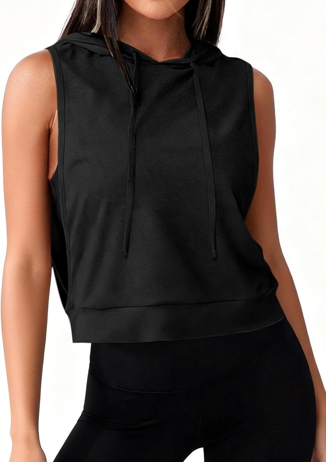 image:imageAvanova Womens Sleeveless Hooded Crop Tank Top Drawstring Open Side Workout Gym ShirtBlack