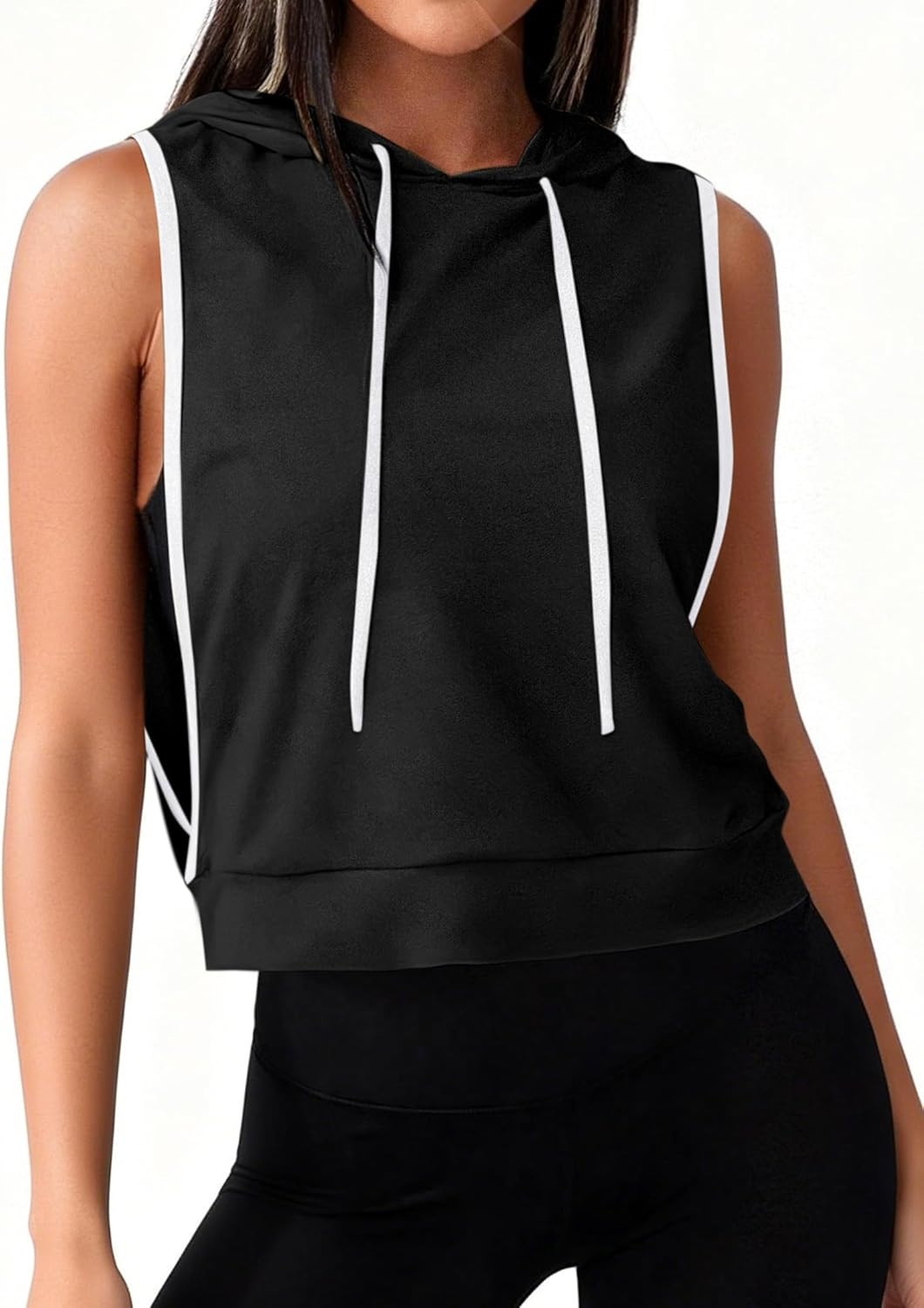 image:imageAvanova Womens Sleeveless Hooded Crop Tank Top Drawstring Open Side Workout Gym ShirtBlk With W Trim