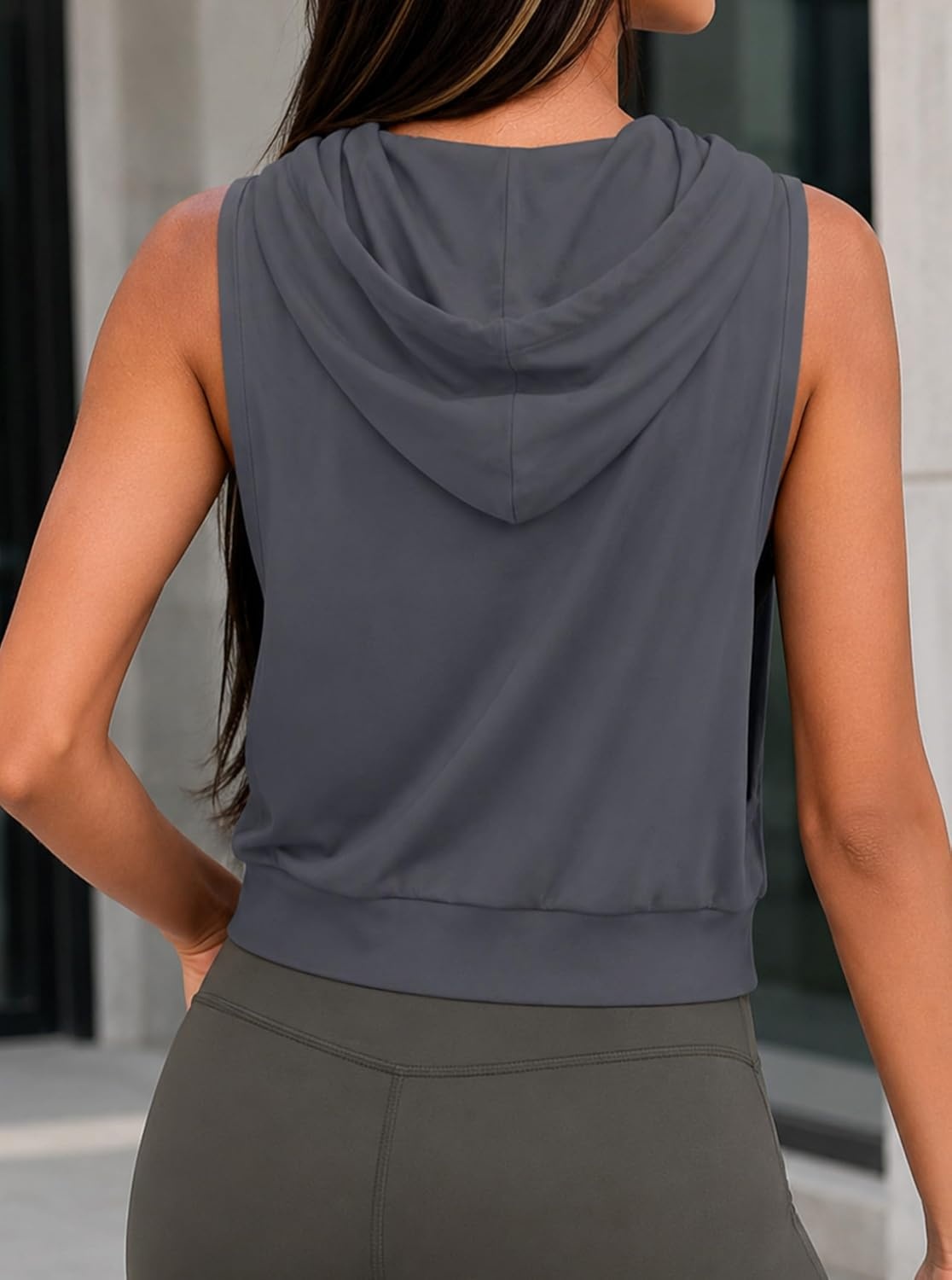 image:imageAvanova Womens Sleeveless Hooded Crop Tank Top Drawstring Open Side Workout Gym ShirtDeep Grey