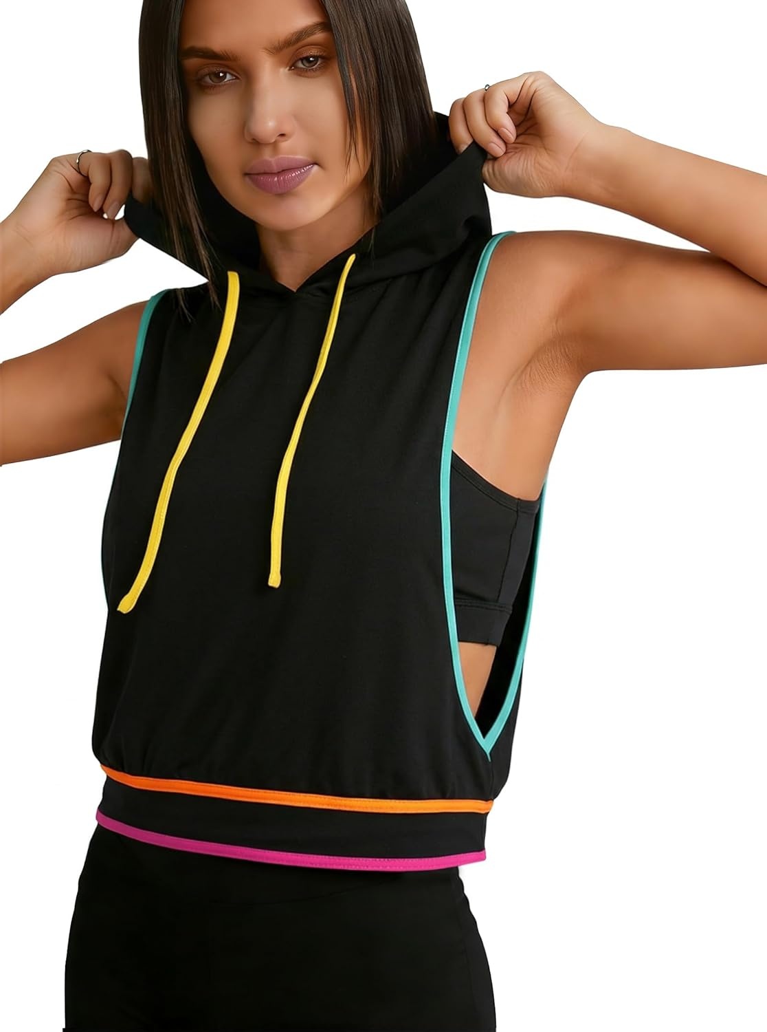 image:imageAvanova Womens Sleeveless Hooded Crop Tank Top Drawstring Open Side Workout Gym ShirtMulti
