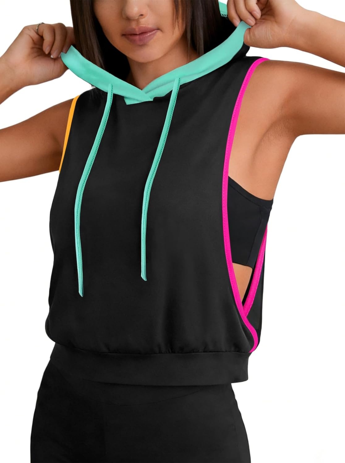 image:imageAvanova Womens Sleeveless Hooded Crop Tank Top Drawstring Open Side Workout Gym ShirtOrange Pink Teal