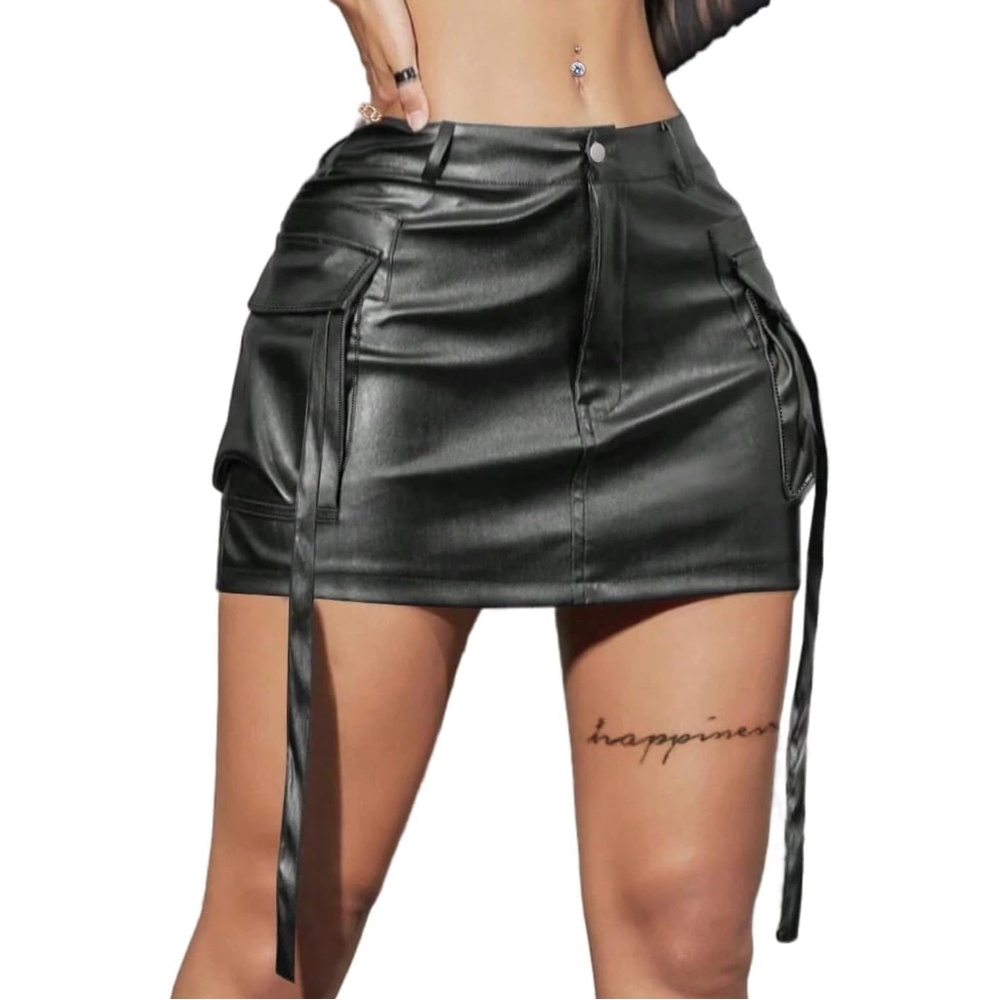 image:imageAvanova Women Faux Leather Slit Split Mini Skort High Rise Bodycon Short SkirtBlack