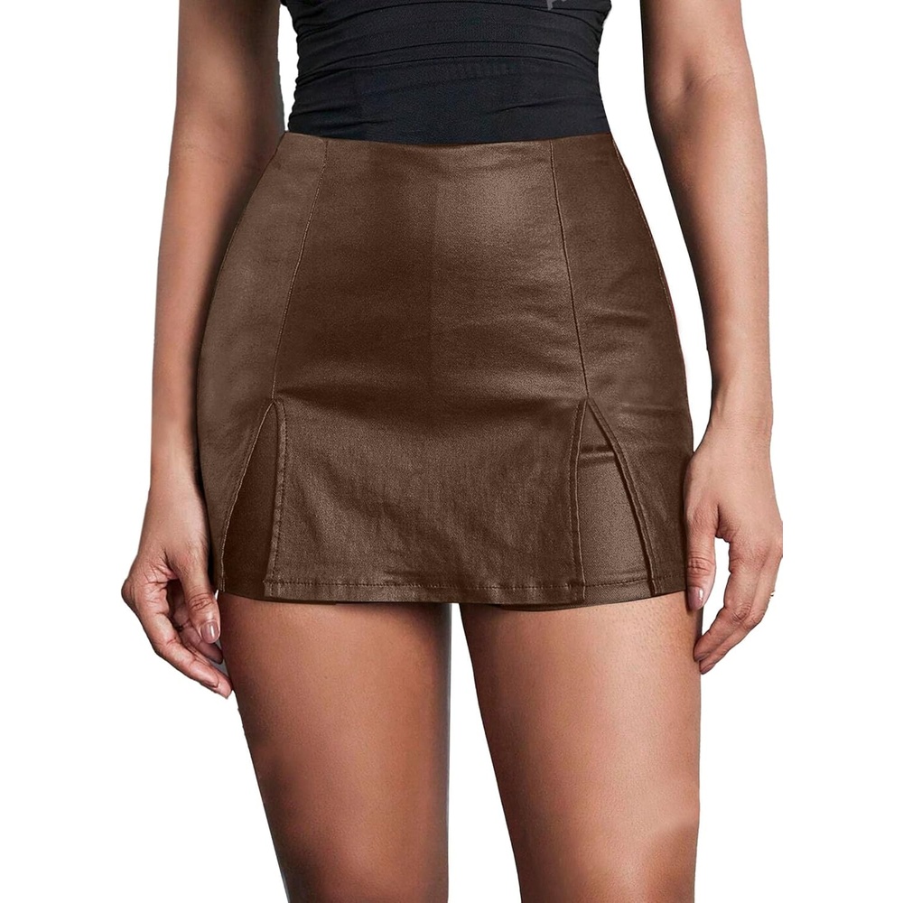 image:imageAvanova Women Faux Leather Slit Split Mini Skort High Rise Bodycon Short SkirtBrown