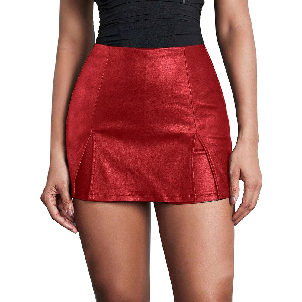 image:imageAvanova Women Faux Leather Slit Split Mini Skort High Rise Bodycon Short SkirtRed J