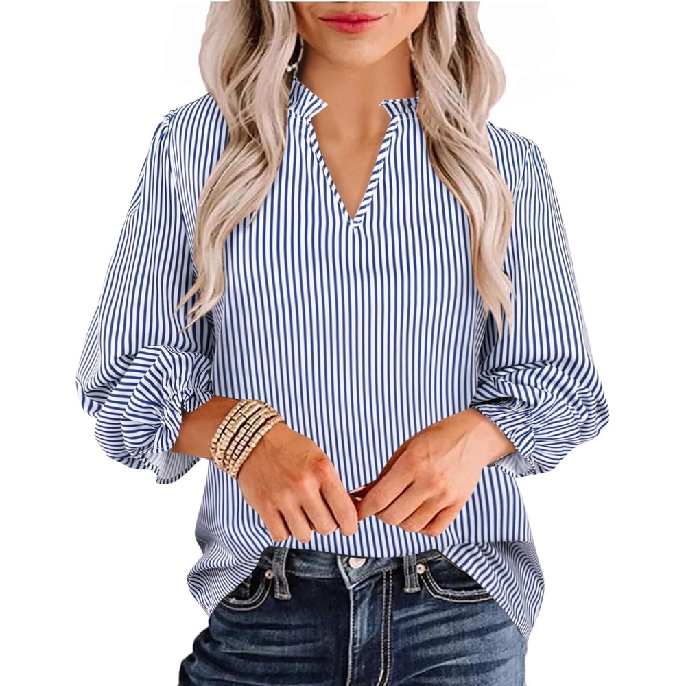 image:imageAvanova Women Leopard Print Ruffle V Neck Top 34 Long Sleeves Work Business Blouses ShirtBlue Striped
