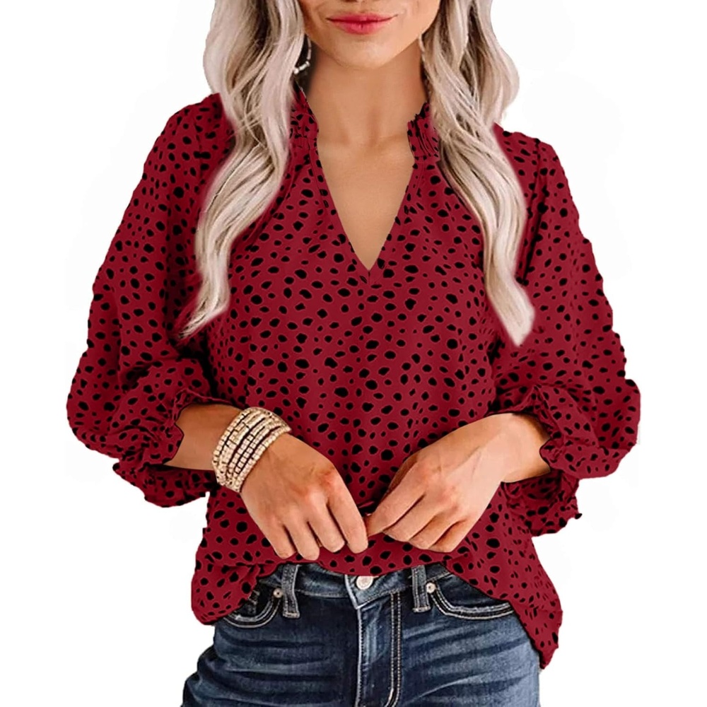 image:imageAvanova Women Leopard Print Ruffle V Neck Top 34 Long Sleeves Work Business Blouses ShirtRed