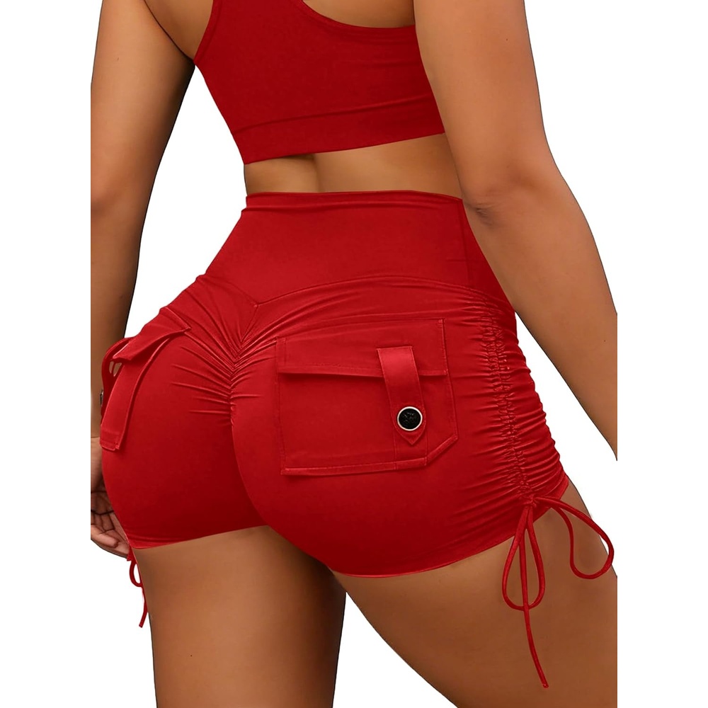 image:imageAvanova Women Scrunch Butt Lifting Shorts Booty Gym Workout Shorts with Cargo Pockets Ruched Side DrawstringRed