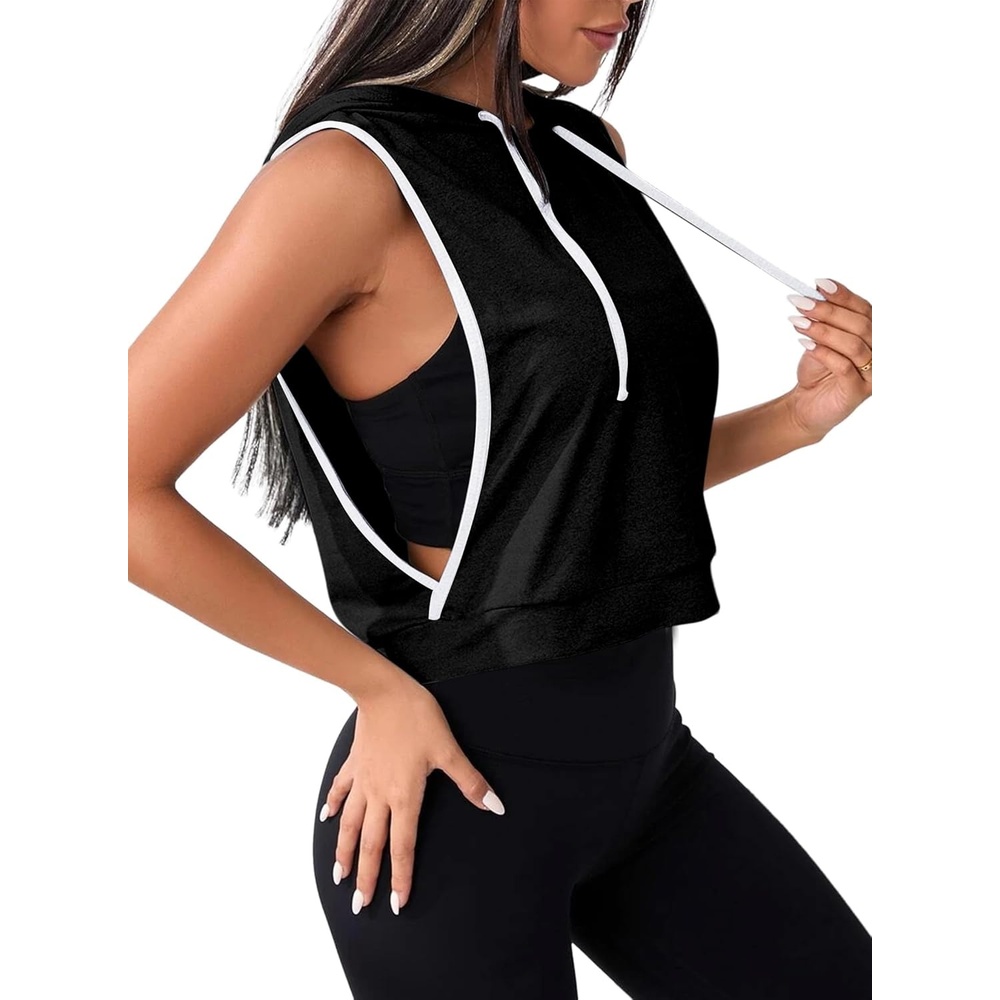 image:imageAvanova Womens Sleeveless Hooded Crop Tank Top Drawstring Open Side Workout Gym ShirtBlk With W Trim