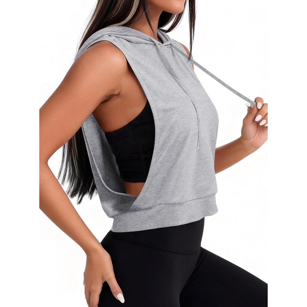 image:imageAvanova Womens Sleeveless Hooded Crop Tank Top Drawstring Open Side Workout Gym ShirtGrey