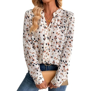 image:imageAvanova Women Boho Printed V Neck Tops Long Sleeve Shirts Elegant Work Blouses Beige Dots XLarge