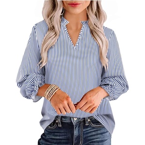 image:imageAvanova Women Leopard Print Ruffle V Neck Top 34 Long Sleeves Work Business Blouses ShirtBlue Striped