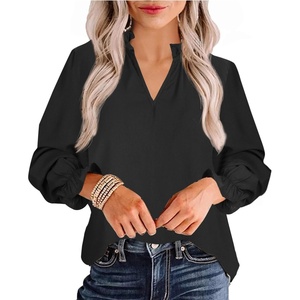 image:imageAvanova Women Leopard Print Ruffle V Neck Top 34 Long Sleeves Work Business Blouses ShirtSolid Black