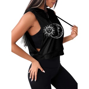 image:imageAvanova Womens Sleeveless Hooded Crop Tank Top Drawstring Open Side Workout Gym ShirtB Sun Moon