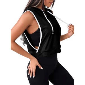 image:imageAvanova Womens Sleeveless Hooded Crop Tank Top Drawstring Open Side Workout Gym ShirtBlk With W Trim