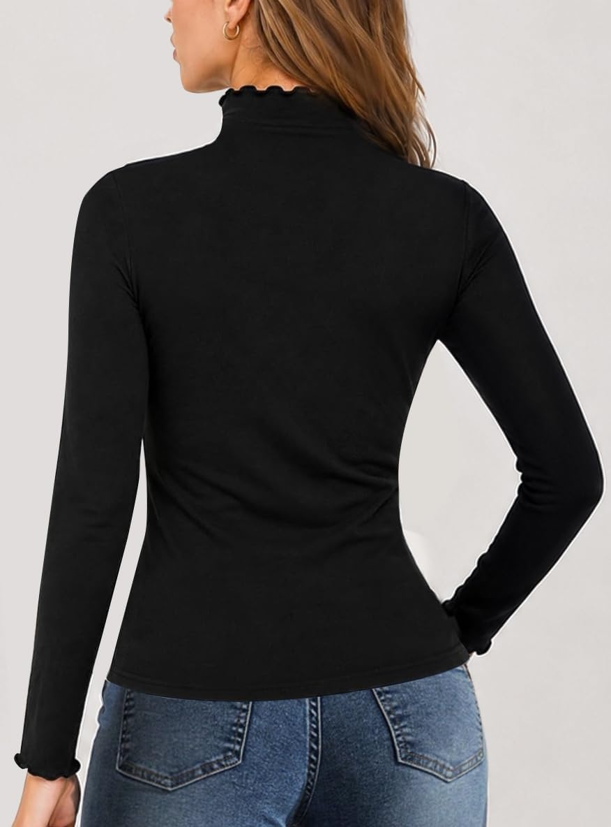 image:imageAvanova Women Mock Neck Long Sleeve Top Lettuce Trim Slim Fitted Casual ShirtBlack