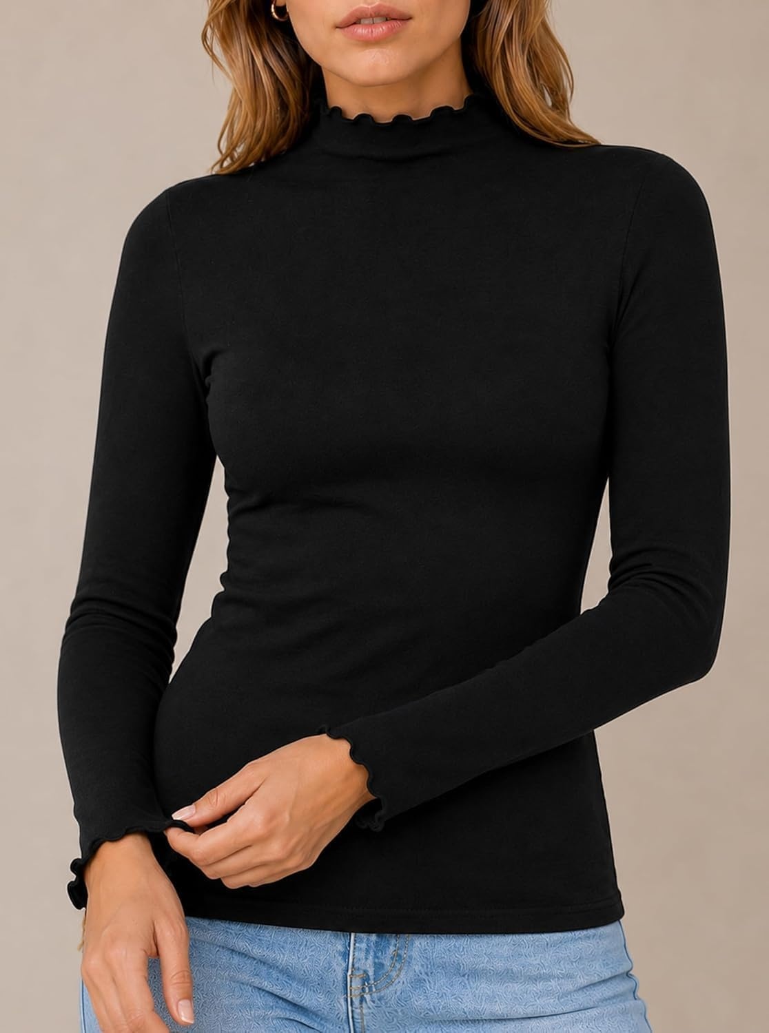 image:imageAvanova Women Mock Neck Long Sleeve Top Lettuce Trim Slim Fitted Casual ShirtBlack