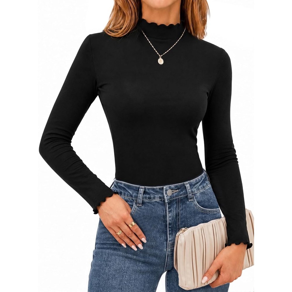 image:imageAvanova Women Mock Neck Long Sleeve Top Lettuce Trim Slim Fitted Casual ShirtBlack
